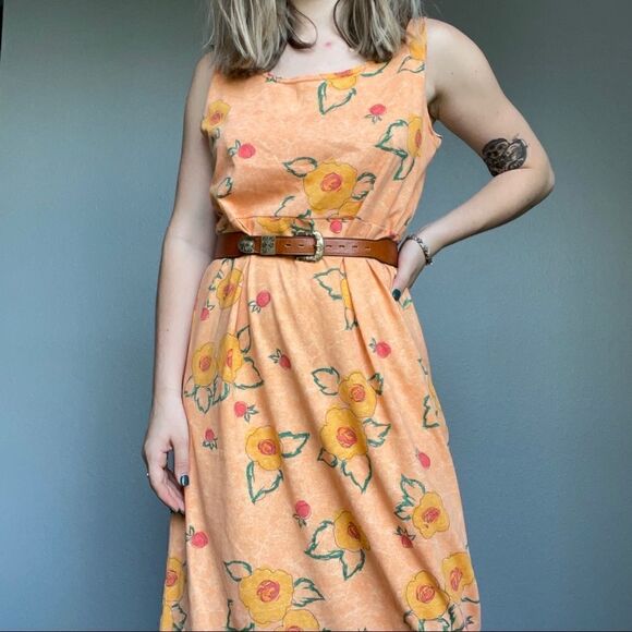 Vintage 90s Styleworks Novelty Fruit Peach Summer Maxi Tank Cotton Dress Sz L - Picture 2 of 14